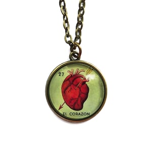 El Corazon Heart Loteria Themed Large Pendant Necklace in Ornate Frame