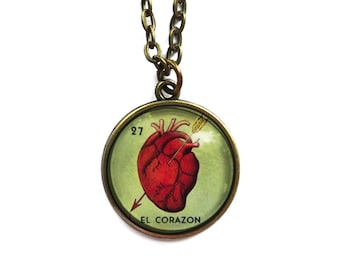 El Corazon Heart Loteria Themed Large Pendant Necklace in Ornate Frame