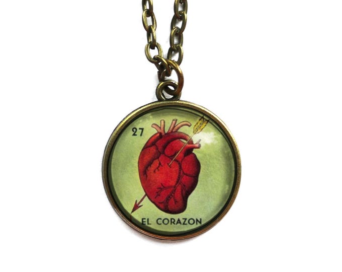 El Corazon Heart Loteria Themed Large Pendant Necklace in Ornate Frame