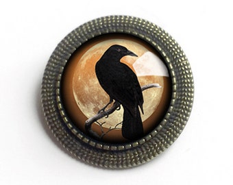 Crow or Raven on Orange Full Moon Vintage Inspired Pin Brooch