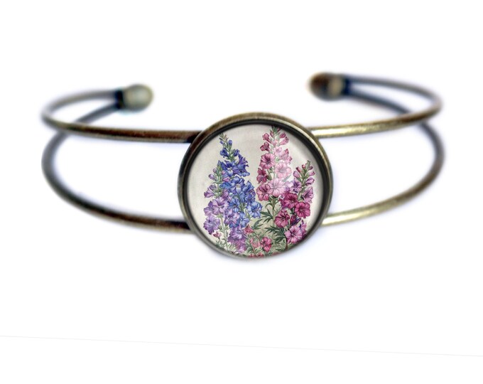 Larkspur or Delphinium Flowers Cottagecore Cuff Bracelet / Bangle in Antique Brass