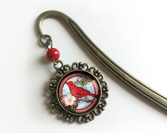 Cardinal Bird Glass Cabochon Brass Book Hook / Bookmark