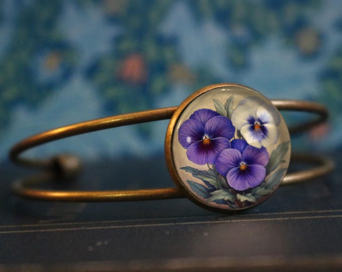 Purple Pansies Cottagecore Cuff Bracelet / Bangle in Antique Brass
