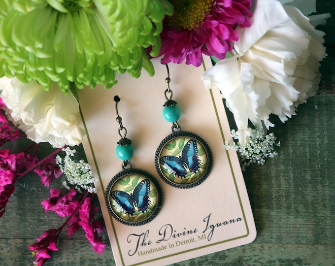 Blue Swallowtail Butterfly Vintage Inspired Drop / Dangle Earrings
