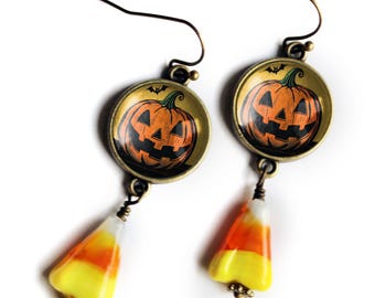 Jack O Lantern and Bat w/ Candy Corn Retro Halloween Drop / Dangle Earrings