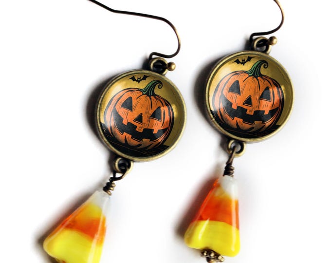 Jack O Lantern and Bat w/ Candy Corn Retro Halloween Drop / Dangle Earrings