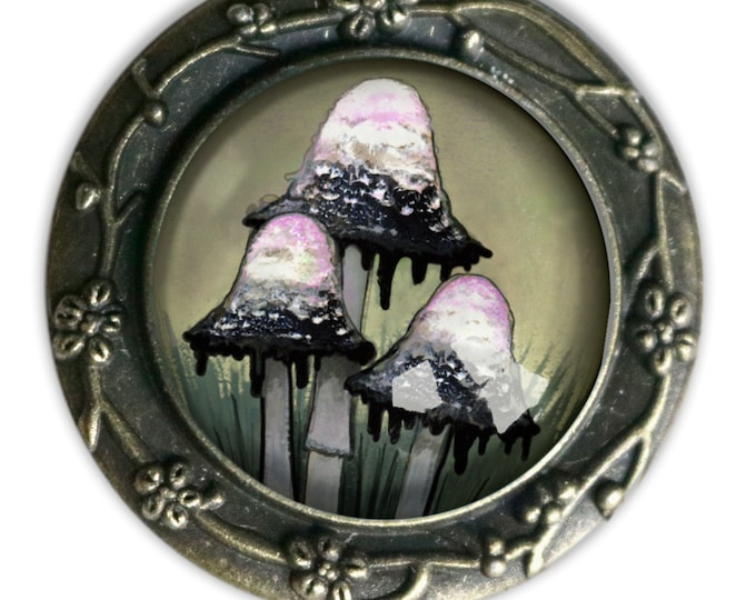 Inky Cap Mushroom Cottage Core Glass Cabochon Pin Brooch