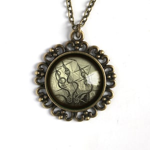Kraken or Sea Monster Attacking Ship Large Pendant Necklace in Ornate Frame