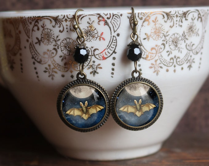 Moonlit Bat Drop / Dangle Earrings Glass Cabochons with Black Glass Bead