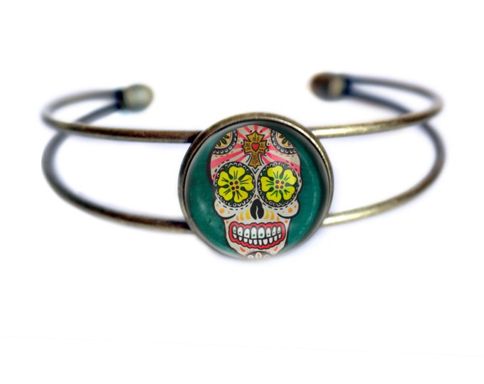 Sugar Skull Cuff Bracelet, Day of the Dead Jewelry, Bronze Bangle, Yellow Eye Variation