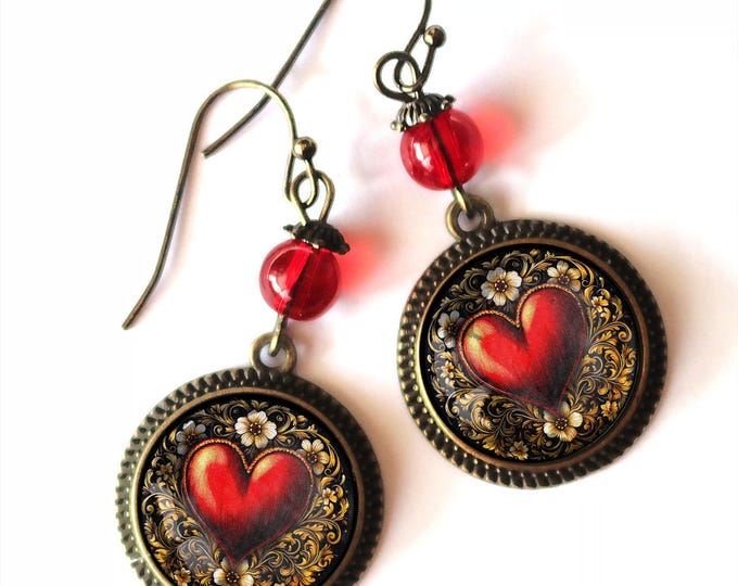Ornate Heart Valentine's Day Vintage Inspired Drop / Dangle Earrings