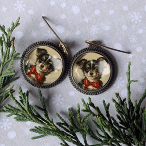 Chihuahua with Red Bow Vintage Inspired Glass Cabochon Dog Earrings