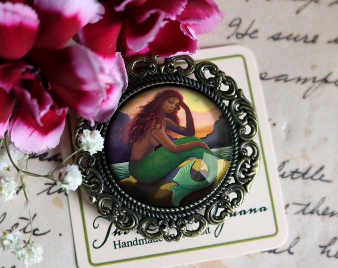 Mermaid with Green Tail Ornate Glass Cabochon and Brass Brooch