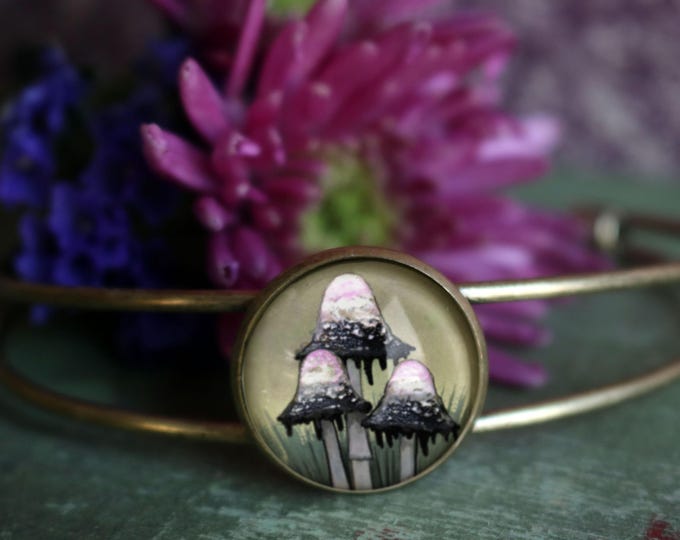 Inky Cap Mushrooms Brass and Glass Cabochon Wire Cuff Cottagecore Bracelet
