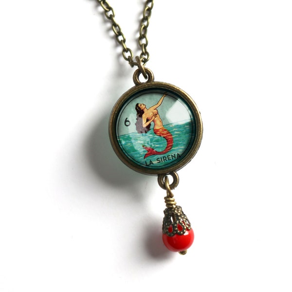 La Sirena Mermaid Loteria Themed Reversible Pendant Necklace with Bead Accent