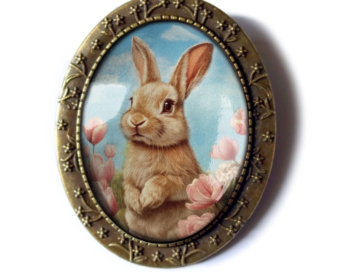 Victorian Easter Bunny Vintage Inspired Large Oval Pin Brooch