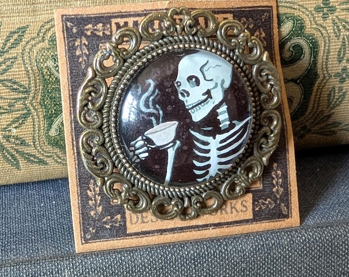 Skeleton Drinking Tea 35mm Glass Cabochon and Antique Bronze Brooch