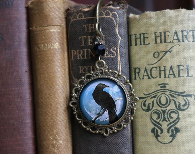 Crow or Raven on Purple Full Moon Glass Cabochon Brass Book Hook / Bookmark