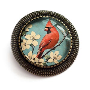 Puede incluir: Un cabujón redondo de vidrio con un marco de metal bronce presenta una ilustración vintage de un cardenal rojo posado en una rama con flores blancas. El fondo es azul claro.