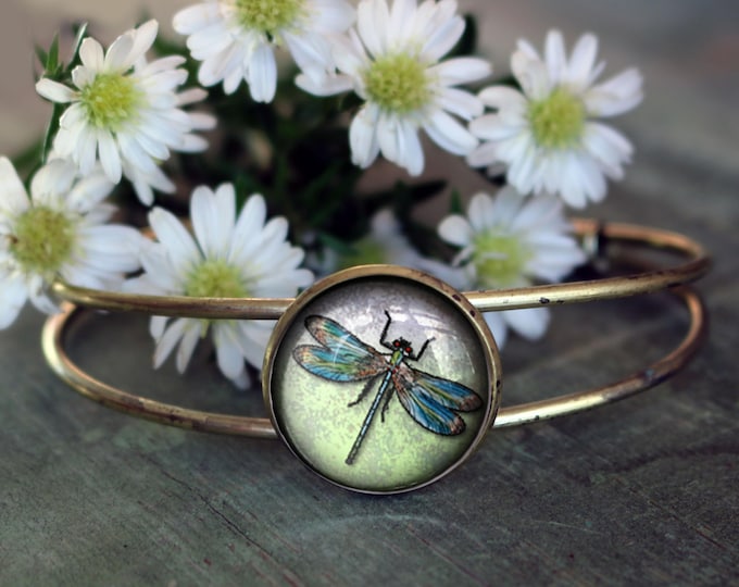 Dragonfly Glass Cabochon and Wire Cuff Bracelet
