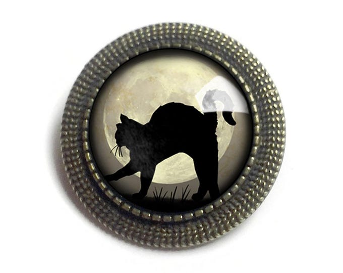 Black Cat on Grey Moon Goth or Halloween Vintage Inspired Pin Brooch