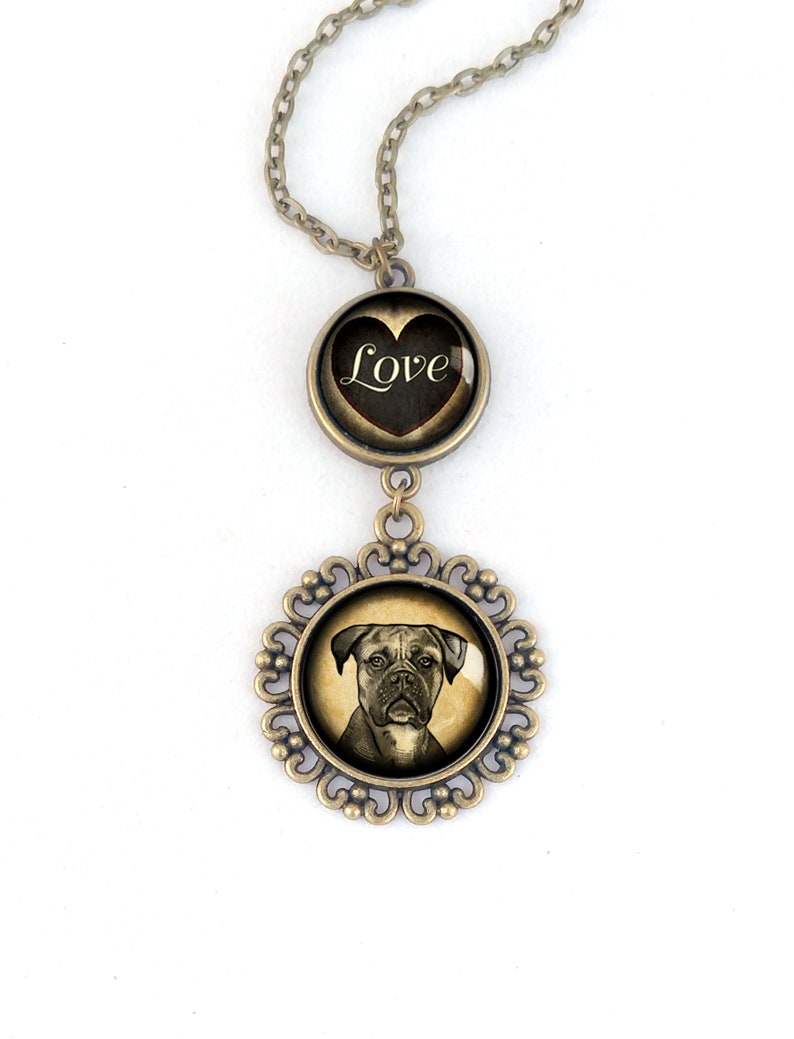 Boxer Dog Large Pendant Necklace in Ornate Frame Glass with LOVE Cabochon Pendant