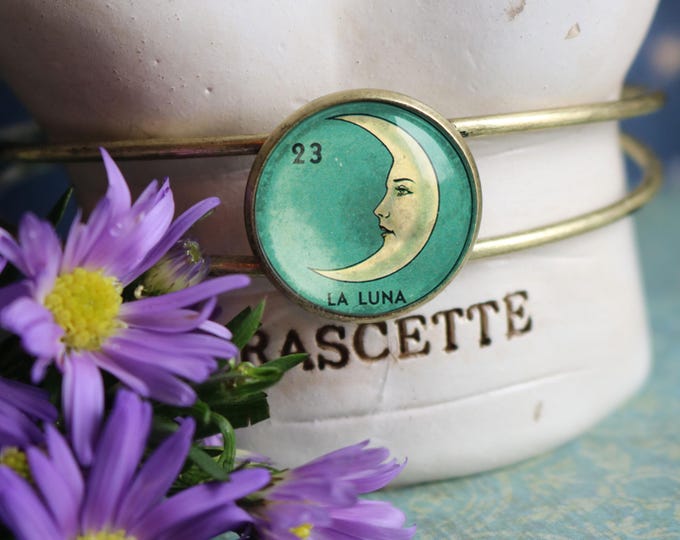 La Luna Loteria Crescent Moon Cuff / Bangle Bracelet in Antique Brass