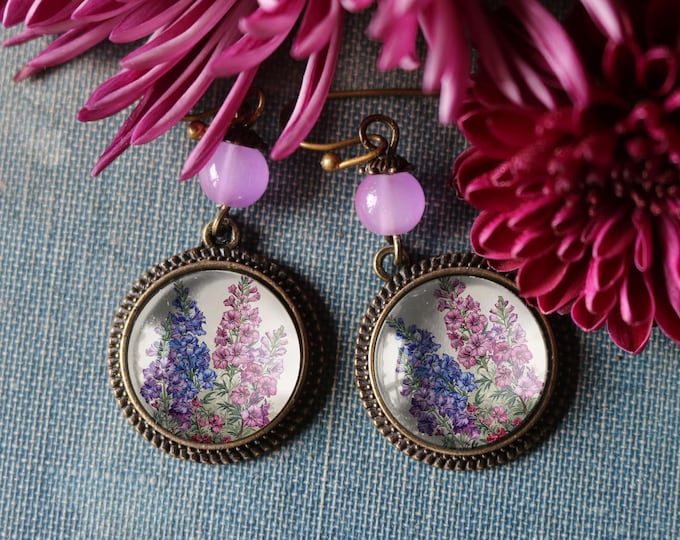 Larkspur or Delphinium Flower Vintage Inspired Cottage Core  Drop / Dangle Earrings