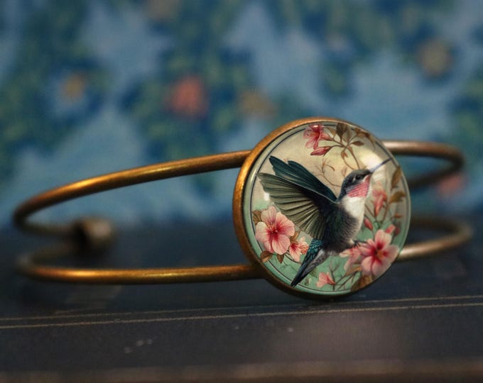 Art Nouveau Hummingbird Cuff Bracelet with Glass Cabochon on Bronze