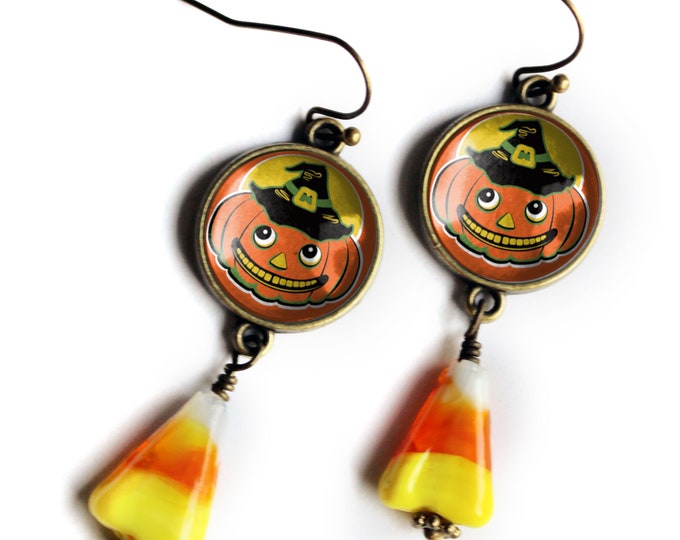 Jack O Lantern in Witch Hat w/ Candy Corn Retro Halloween Drop / Dangle Earrings