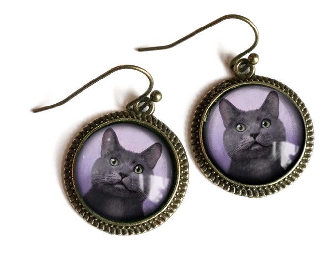 Russian Blue Glass Cabochon Grey Cat Earrings