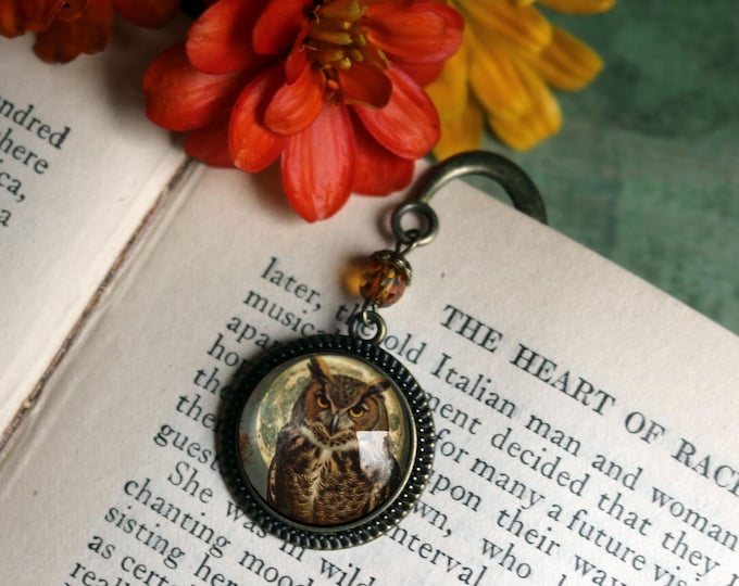 Victorian Owl Glass Cabochon Brass Book Hook / Bookmark