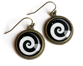 Hypnotist Black and White Spiral Swirl Vintage Inspired Drop / Dangle Earrings in simple bezel