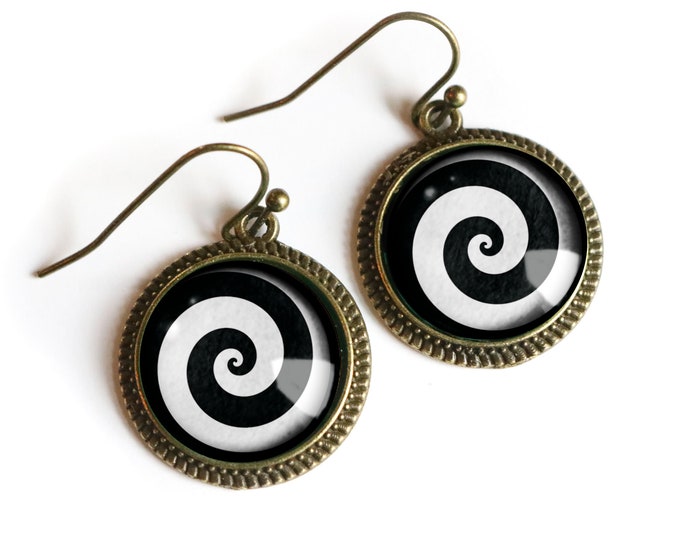 Hypnotist Black and White Spiral Swirl Vintage Inspired Drop / Dangle Earrings in simple bezel