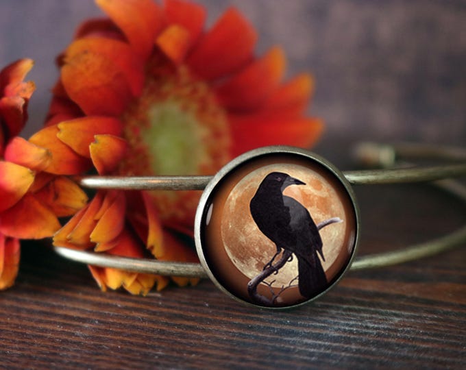 Crow & Orange Moon Cuff Bracelet, Bronze Gothic Jewelry