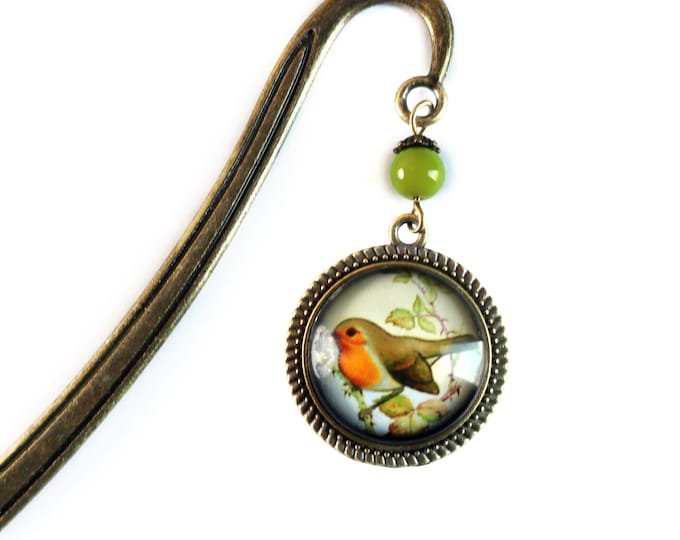 Spring Robin Glass Cabochon Brass Book Hook / Bookmark