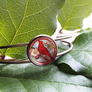 Spring Cardinal Brass and Glass Cabochon Wire Cuff  Bracelet