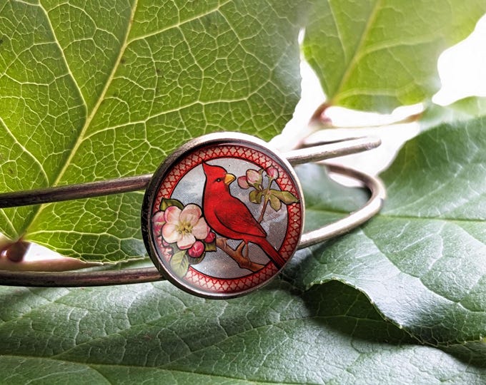 Spring Cardinal Brass and Glass Cabochon Wire Cuff  Bracelet