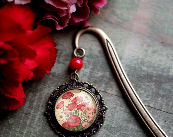 Pink Poppy Flower Glass Cabochon Brass Book Hook / Bookmark