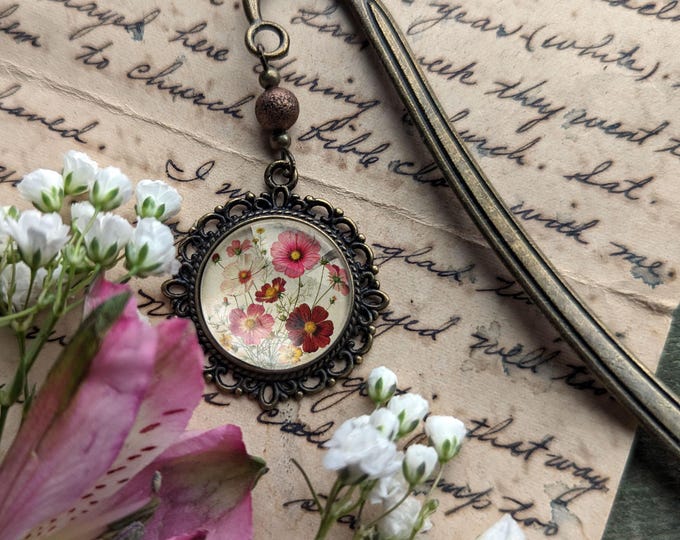 Cosmo Flower Glass Cabochon Cottagecore Brass Book Hook / Bookmark