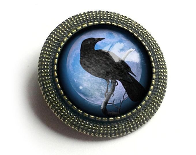 Crow or Raven on Purple Full Moon Vintage Inspired Pin Brooch
