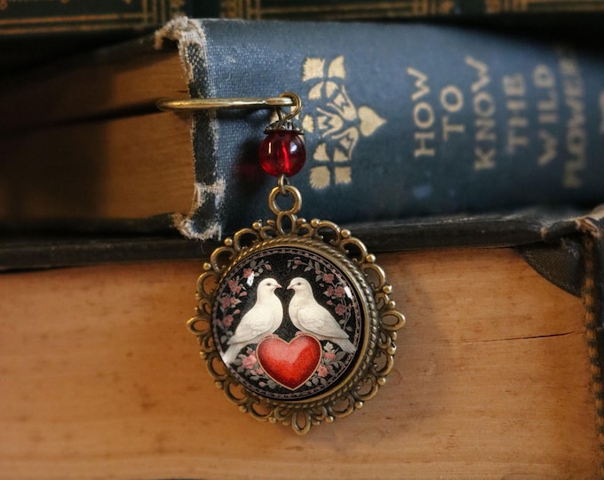 Love Birds Doves Glass Cabochon Brass Book Hook / Bookmark