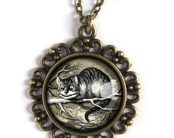 Alice in Wonderland Cheshire Cat Large Pendant Necklace in Ornate Frame