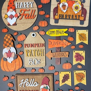 30+ Piece Unfinished Laser Cut Gnome Fall Thanksgiving Autumn Tiered Tray Decor Kit DIY Wood Bundle Farmhouse Tier Decorative Trays Craft