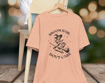 Broom Hair Don't Care T-Shirt Sexy Mom Witch Woman Unisex Jersey Short Sleeve Tee Graphic Top Soft Cozy Cotton Shirt Halloween Autumn Fall