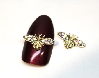 2 pieces 3D Bee with Clear Rhinestones Crystal Bright Nail Charms Decoration Alloy Japanese Style DIY Jewelry Beauties For Nail Art Gems
