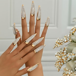Fingertip Nail Ring Full Cover Finger Art Trendy Open Adjustable Gold Black with rhinestones Fingernail Unisex Gothic Birthday Gift For Her