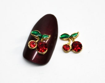 Rhinestone Cherry Nail Charms, 3D Gold Nail Art (2pcs)