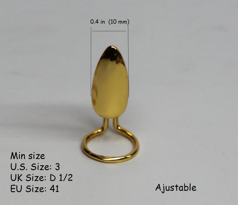 May include: Gold-tone adjustable ring sizer with a teardrop-shaped top. The ring sizer measures 0.4 inches (10 mm) in height. The text "Ajustable" is printed below the ring sizer.  Min size: U.S. Size: 3, UK Size: D 1/2, EU Size: 41.