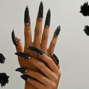 Fingertip Nail Ring Set of 5, Full Cover Finger Art Trendy Open Adjustable Gold Black with rhinestones Fingernail Unisex Gothic Birthday
